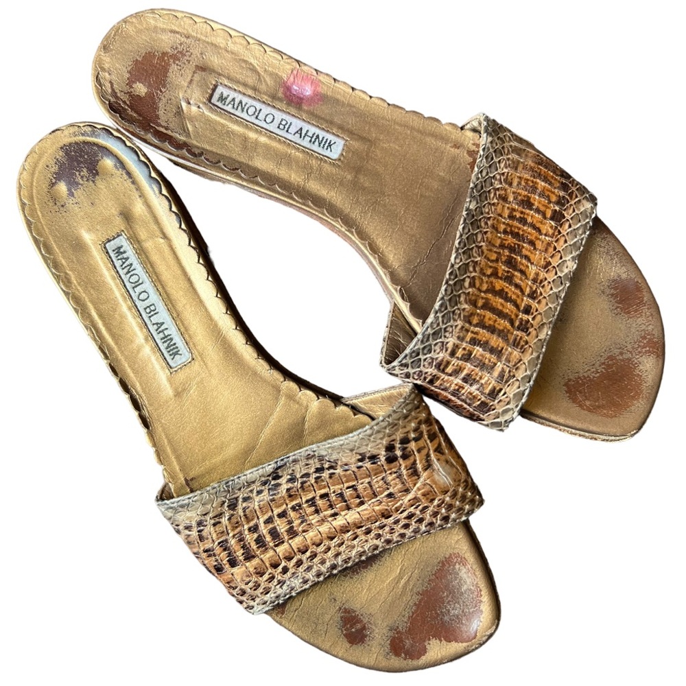 Manolo Blahnik Snakeskin Falco Sandals Slides 39.5